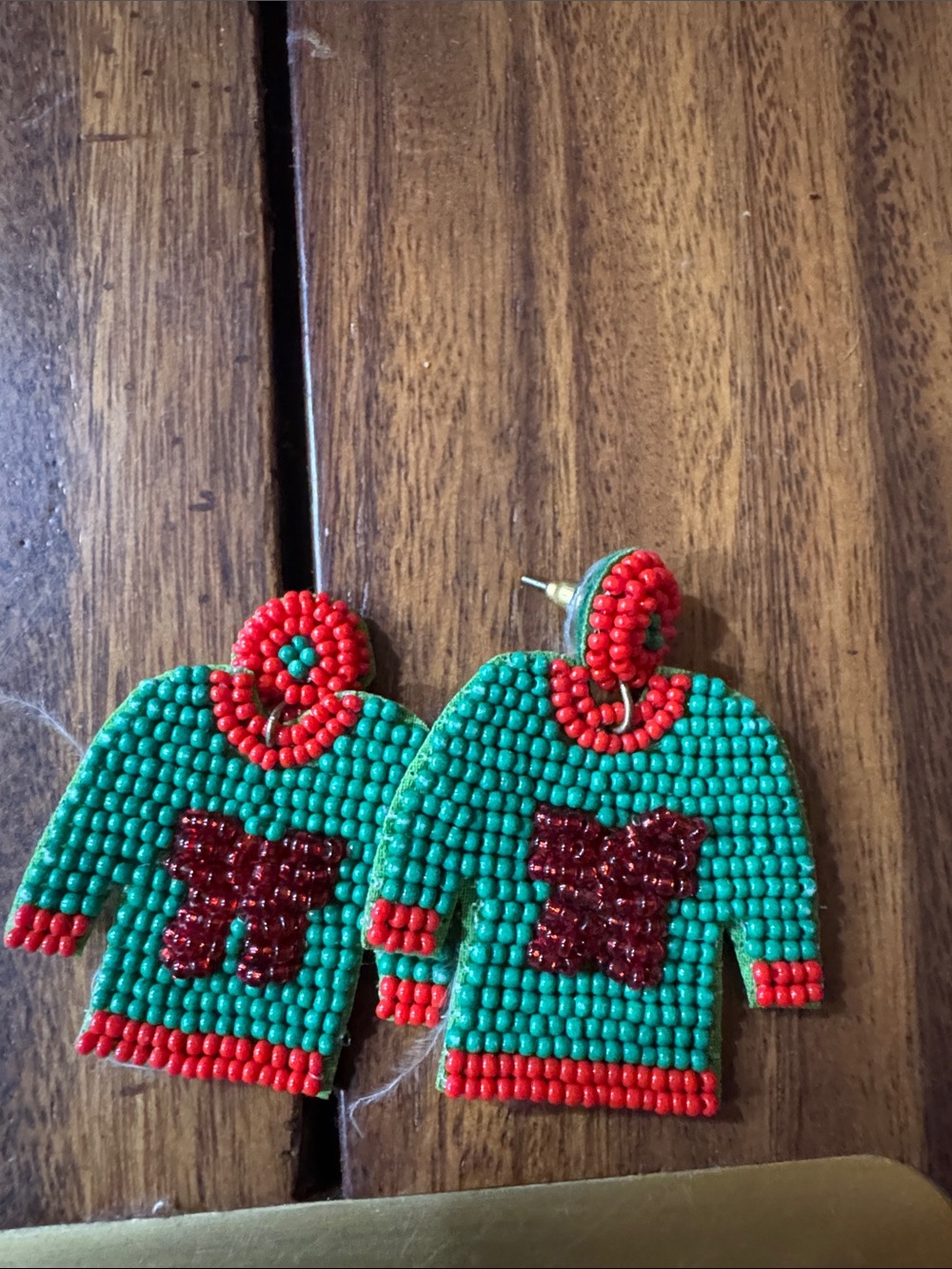 Beaded Green & Red Sweater Earrings